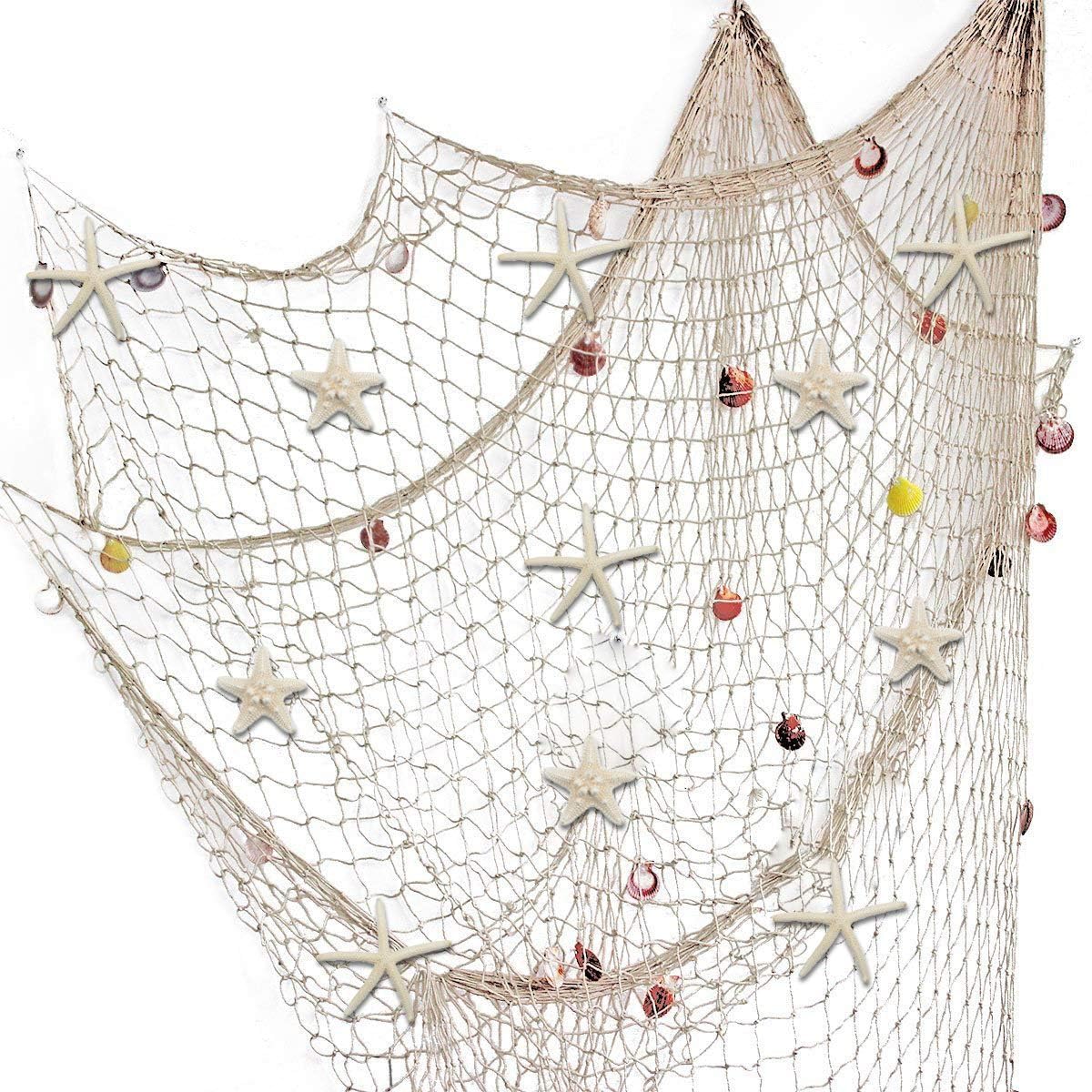 79 x 59 inch Nature Fish Net Wall Decoration with Colorful Sea Shells and 10 Pcs Natural Starfish Ocean Themed Mediterranean Style Fishing Net for Beach Party,Wedding,photography Wall Decoration
