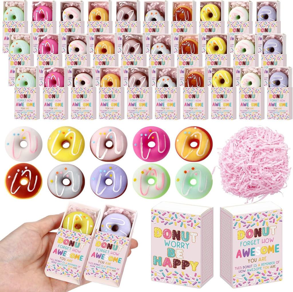 Wettarn 50 Sets Appreciation Donut Gifts Cute Stress Balls with Support Gift Boxes Inspirational Party Favors for Employee Coworker Friends Office Positive Stress Relief Toys