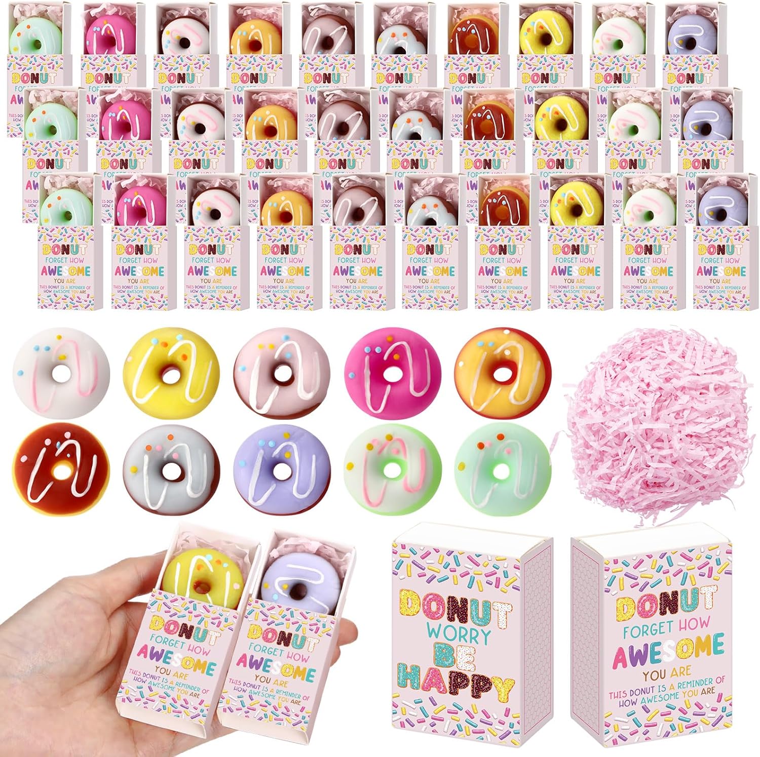 Wettarn 50 Sets Appreciation Donut Gifts Cute Stress Balls with Support Gift Boxes Inspirational Party Favors for Employee Coworker Friends Office Positive Stress Relief Toys
