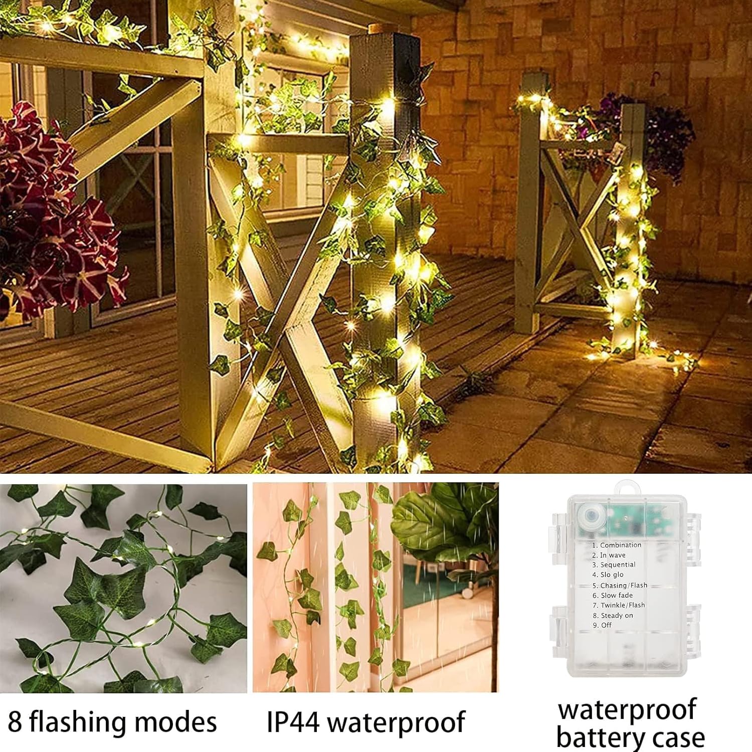 33 Ft Vine with Fairy Lights Battery Operated, 8 Flashing Model Waterproof 100 LEDs Battery Powered Artifical Ivy Leaves Vine String Light for Garland Bedroom Wedding Party Holiday Patio Decor