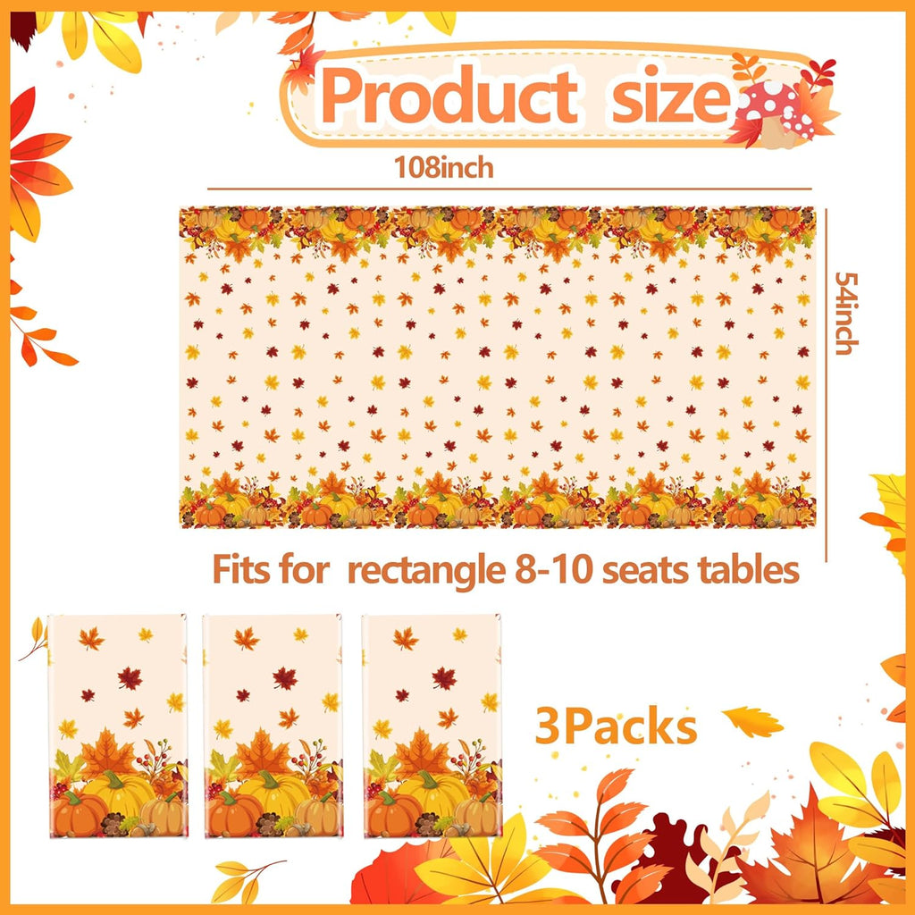 Fall Disposable Tablecloth Autumn Theme Plastic Table Cover Pumpkin Maple Leaves Tablecloths for Thanksgiving Harvest Party Decoration Supplies Favors 3 Pieces 54 x 108 Inch