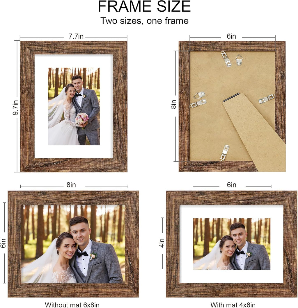 6x8 Picture Frame Set of 4, Made of Real Glass and Rustic Brown Frame - Display Picture 4x6 with Mat or 6x8 Without Mat, 6 by 8 Photo for Wall or Tabletop
