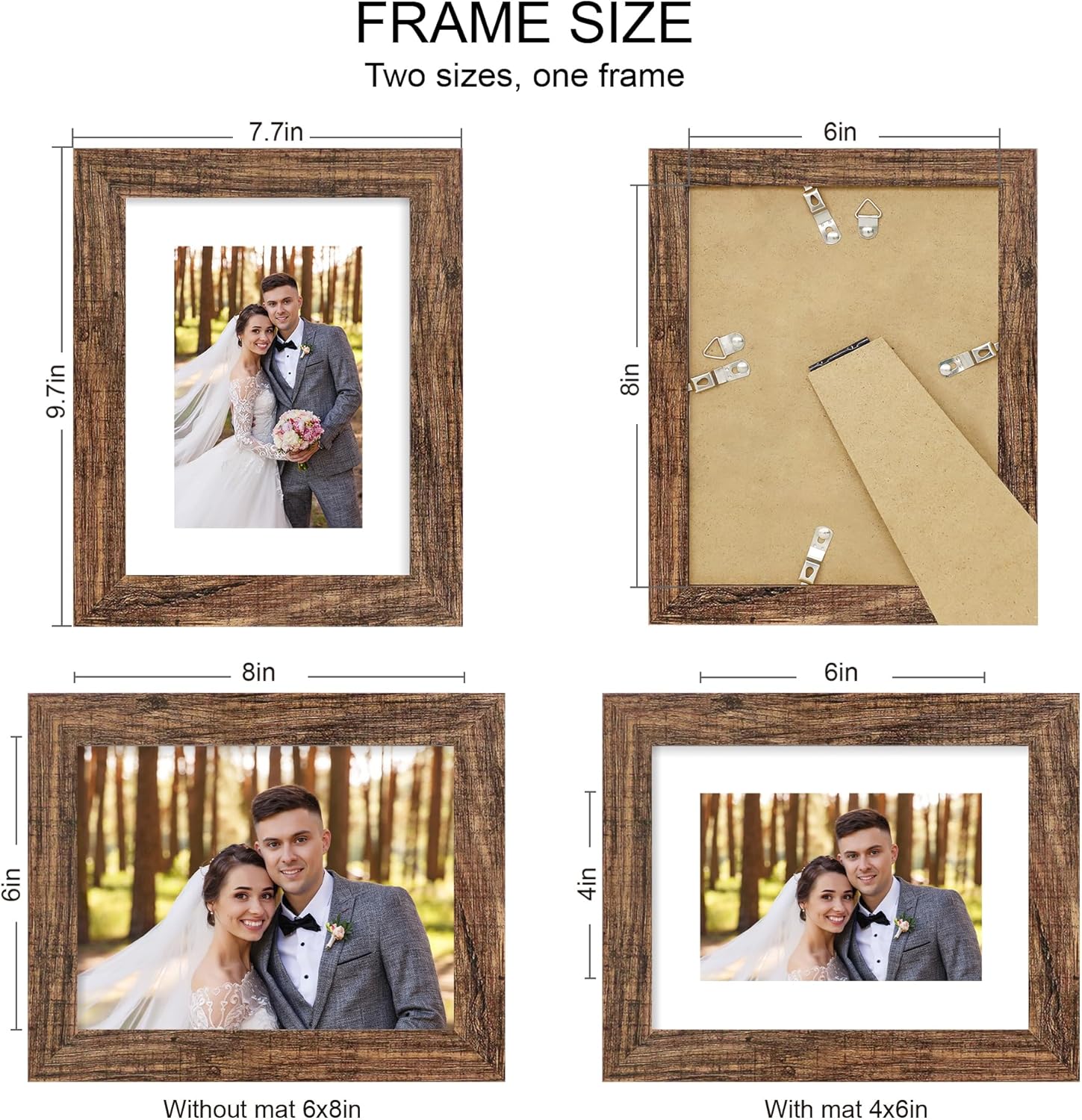 6x8 Picture Frame Set of 4, Made of Real Glass and Rustic Brown Frame - Display Picture 4x6 with Mat or 6x8 Without Mat, 6 by 8 Photo for Wall or Tabletop