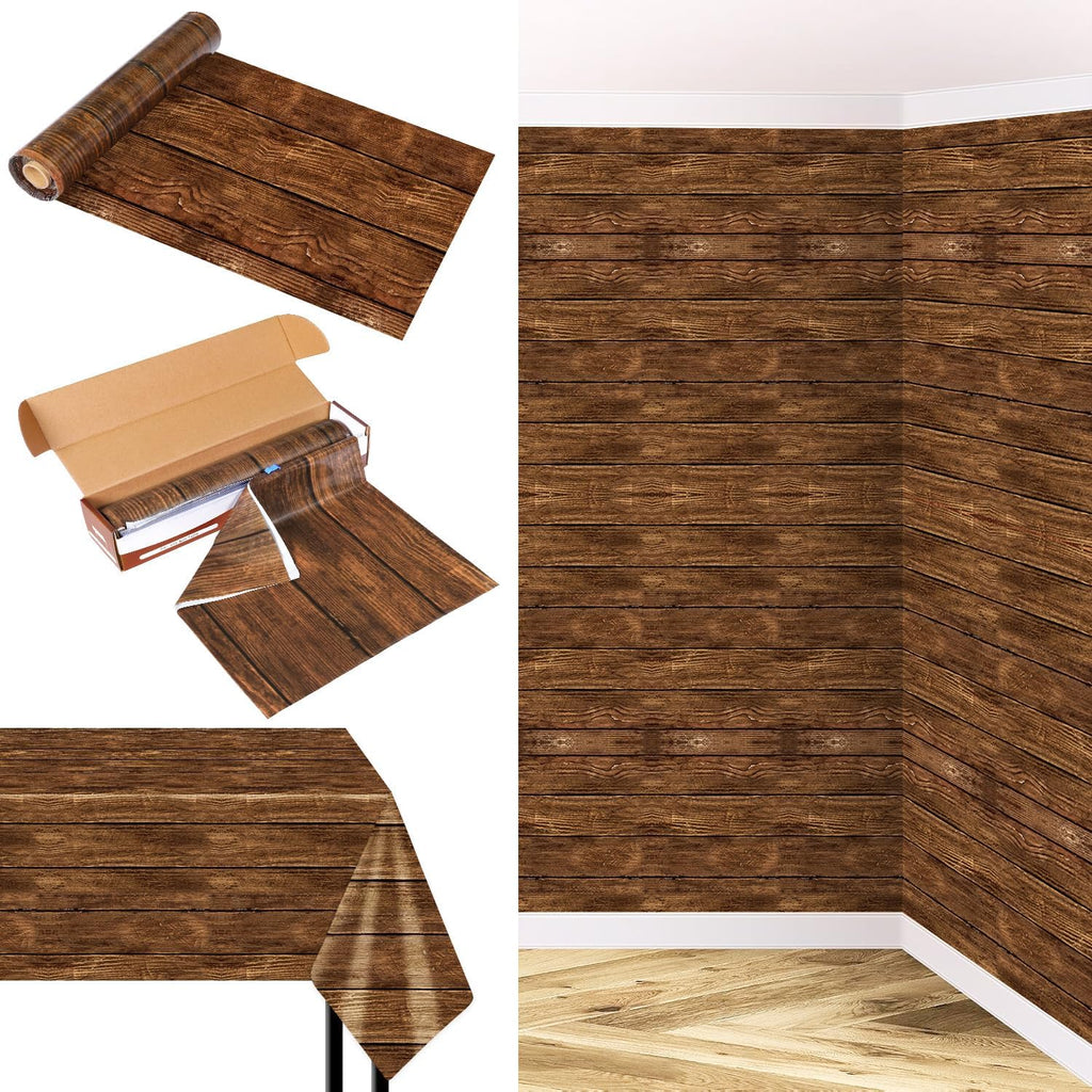 100 Ft x 54 in Brown Wood Grain Tablecloth Roll with Slide Cutter Rustic Plastic Table Cover for Western Theme Party Barn Birthday Farmhouse Vintage Backdrop Picnic Wedding Decoration