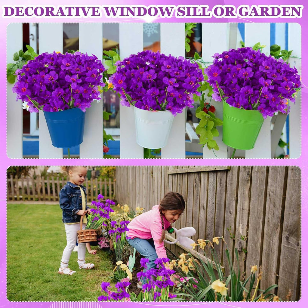 Lyrow 100 Bundles Violet Artificial Flowers, UV Resistant Faux Flowers Outdoor, Faux Silk Flowers, Fake Violet Flowers Bulk for Front Porch Hanging Garden Courtyard Farmhouse Home(Purple)
