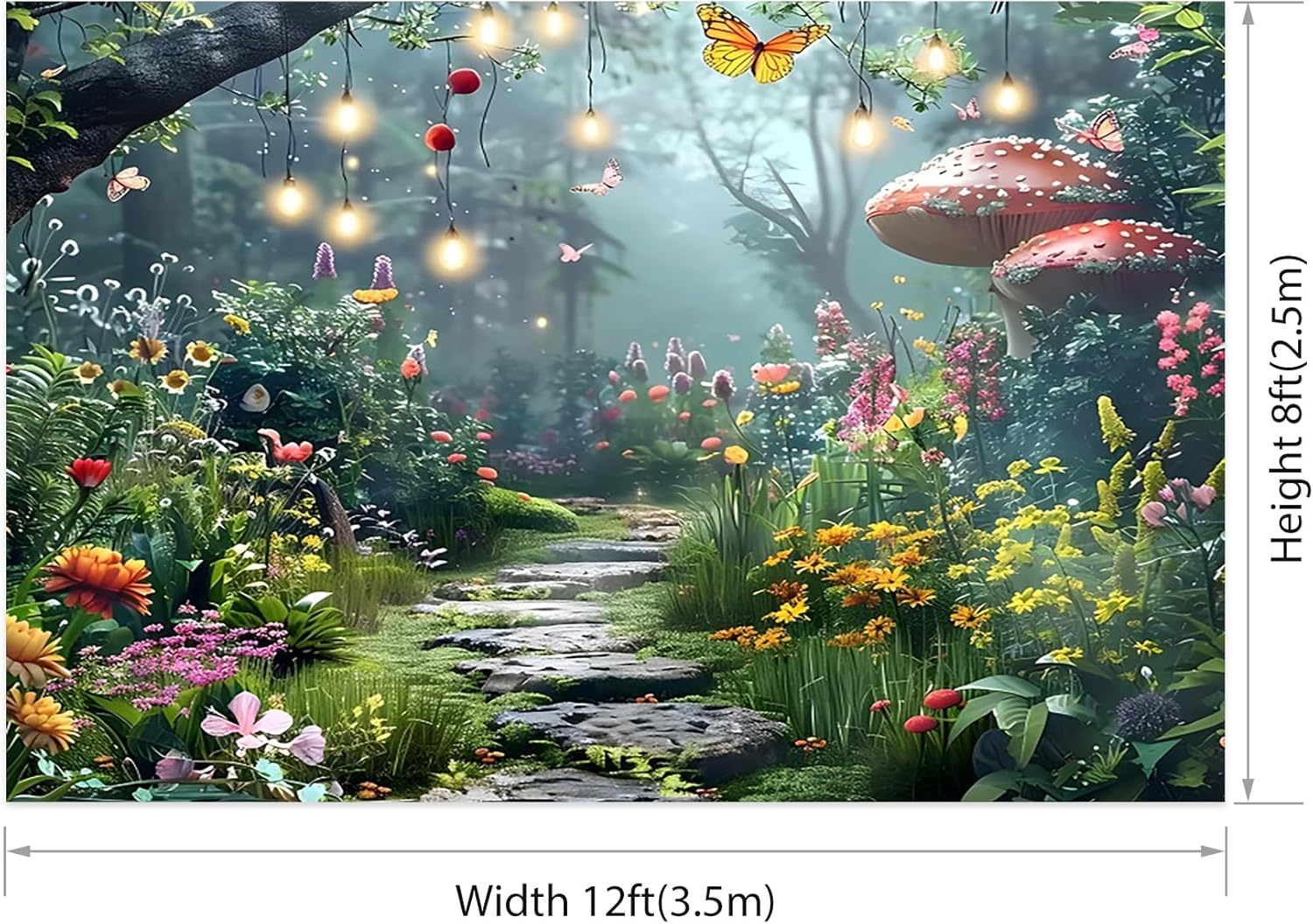 AOFOTO Rainforest Backdrop Colorful Forest Phtography Backdrop Flower Mushroom Butterfly Plants Quiet Path Fairytale Background Photoshoot Background Photo Booth Prop 12x8ft