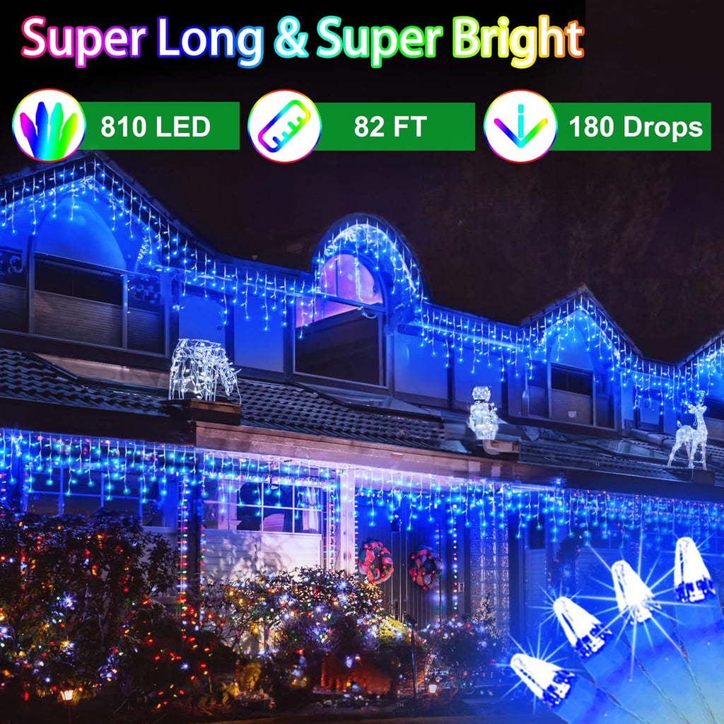 82FT 810 LED Outdoor Christmas Lights - 180 Ice Drops, 12 Pro Modes with Timer Memory & Brightness, Waterproof Hanging Ice String Light for Holiday Wedding Garden Fence House Decor (Blue)
