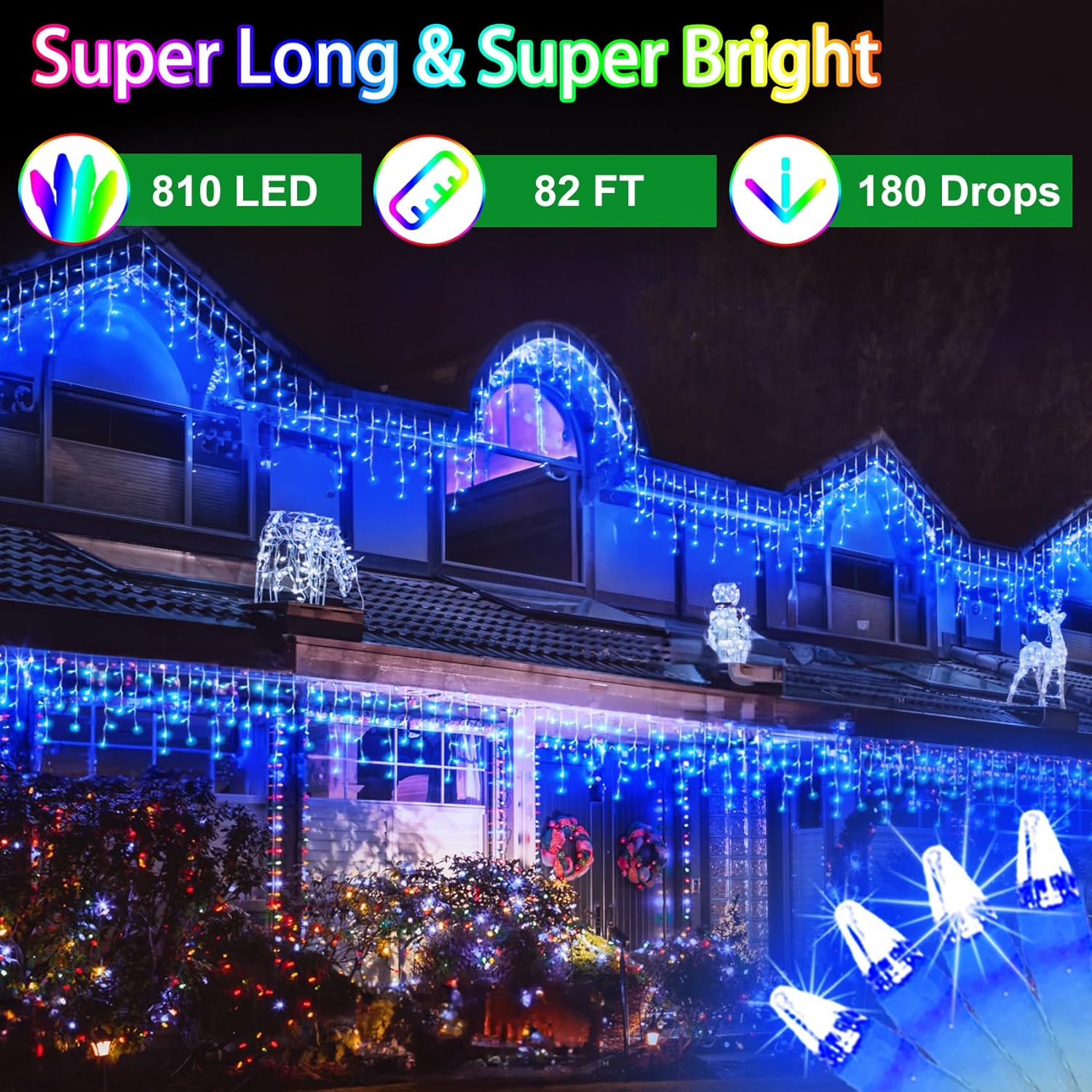 82FT 810 LED Outdoor Christmas Lights - 180 Ice Drops, 12 Pro Modes with Timer Memory & Brightness, Waterproof Hanging Ice String Light for Holiday Wedding Garden Fence House Decor (Blue)
