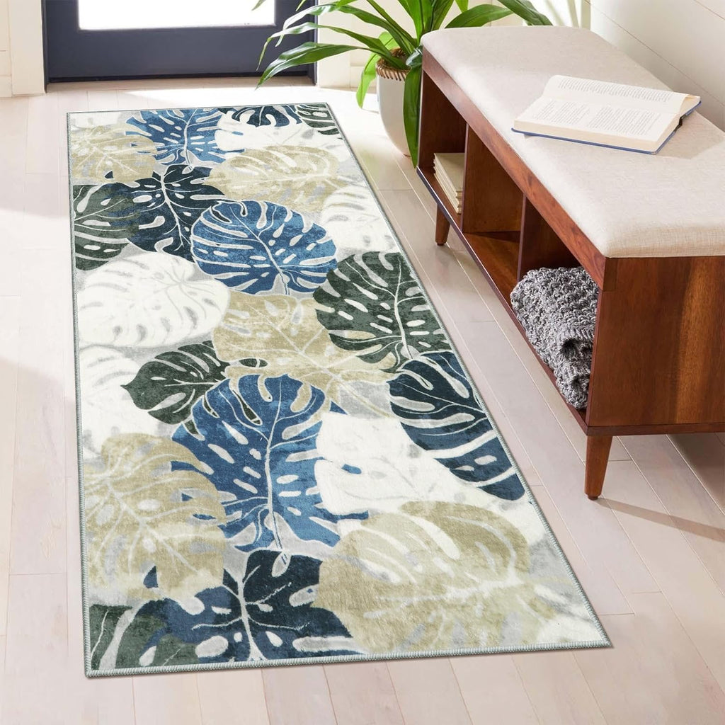 Wonnitar 2x4.3 Laundry Room Rug Runner, Tropical Leaf Non-Slip Washable Bathroom Runner, Small Low Pile Entry Mats Soft Non-Shedding Accent Carpets for Kitchen Door Entrance, Blue
