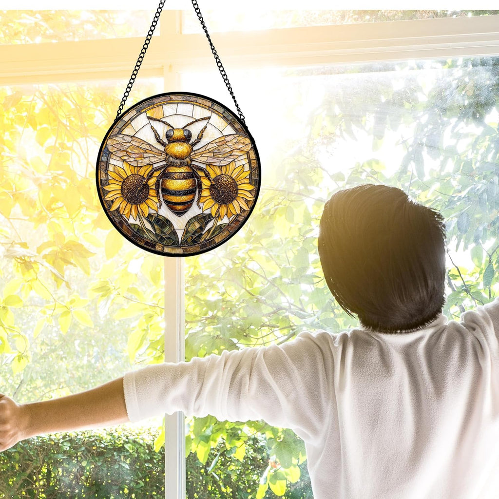 Stained Glass Window Hanging - Bee Sunflower Yellow Suncatcher Ready to Hang Window Doors Home Decoration and Christmas, Mother's Day Birthday Gifts for Women, Men, and Mom 11.8x11.8 in