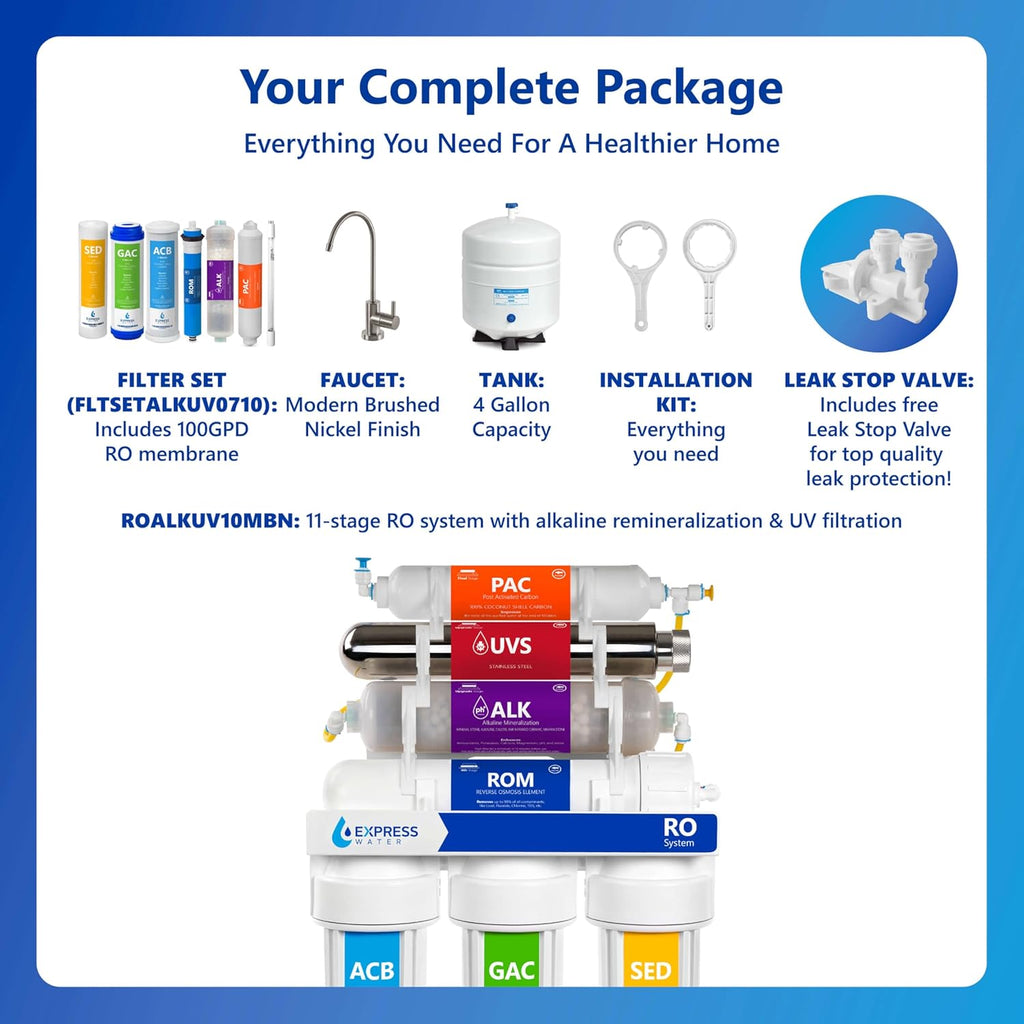Express Water Reverse Osmosis Alkaline Ultraviolet Water Filtration System – 100 GPD (Modern Brushed Nickel Faucet)