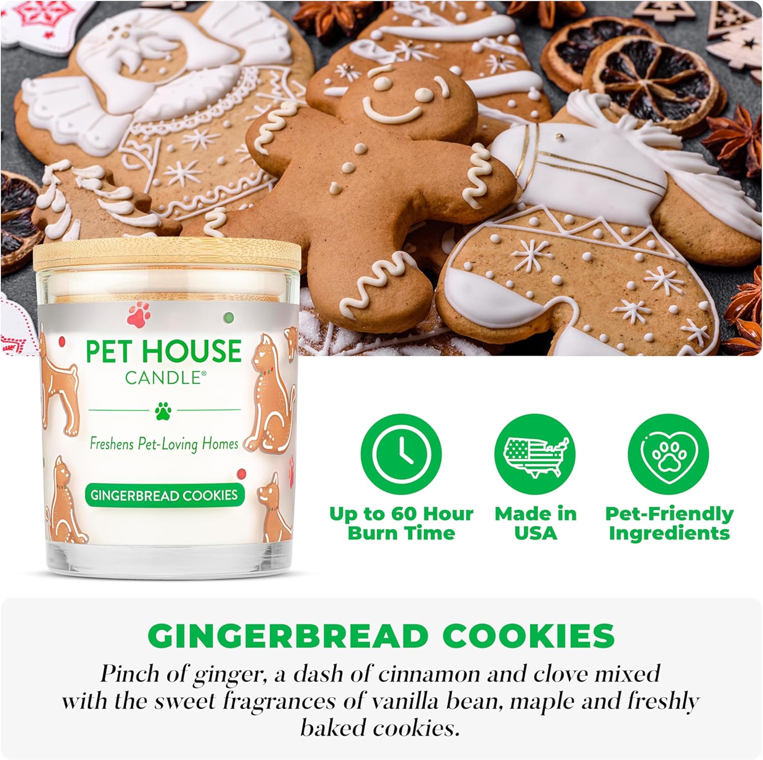 One Fur All Pet House Christmas Candles, Long Lasting, Clean Burning, Soy Wax Scented Pet Friendly Candles for Odor, Gingerbread Cookies, 2 Pack
