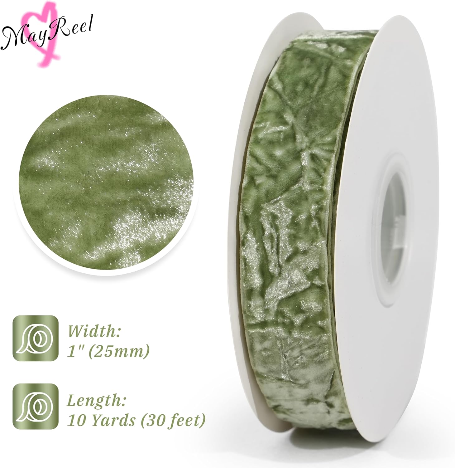MAYREEL 1 Inch Sage Green Crushed Velvet Ribbon Spring Moss Vintage for Flower Bouquets Wedding Invitations Crafts Gift Wrapping Party Favor Boxes 10 Yards