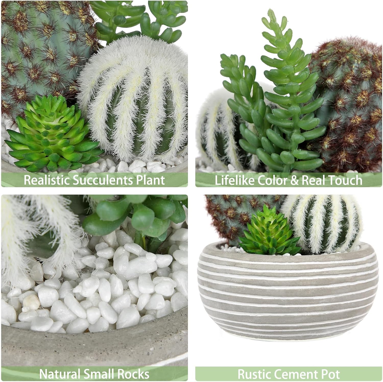 Artificial Cactus Plants Indoor, 5.5" Assorted Small Faux Succulent in Pots Fake Potted Desk Plant with Concrete Bowl Mini Succulents Artificial Cactus Decor for Home Office Bathroom Table Shelf
