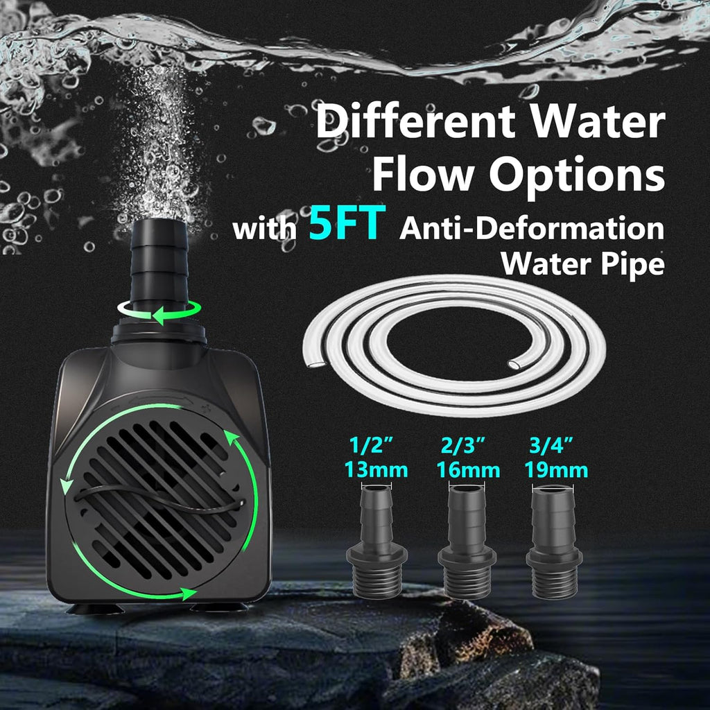 400GPH Auto-Shut-OFF Submersible Pond Pump (1500L/H 25W) Ultra Quiet Fountain Water Pump with 6.5ft High Lift, 3 Nozzles for Aquarium, Fish Tank, Pond, Hydroponics, Statuary,Water Feature.