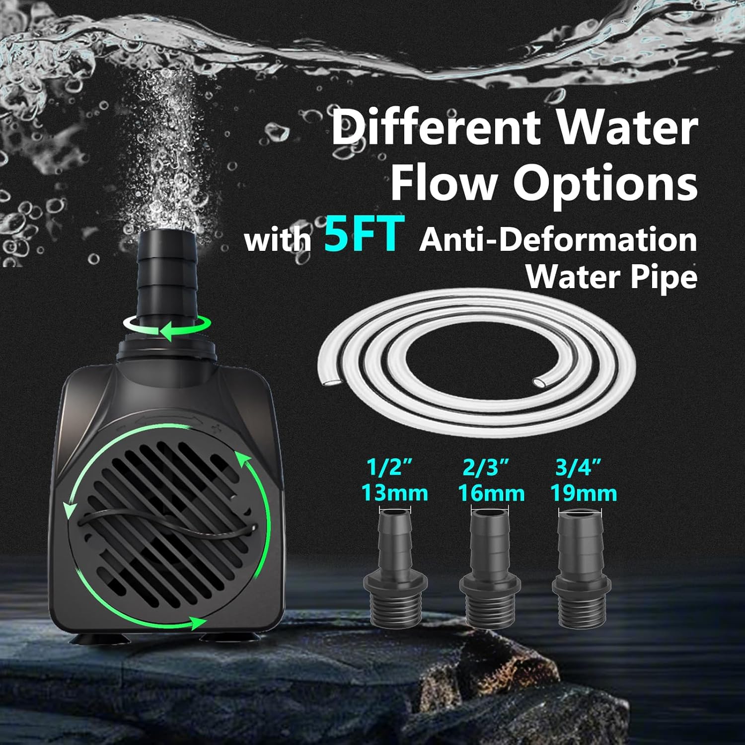 400GPH Auto-Shut-OFF Submersible Pond Pump (1500L/H 25W) Ultra Quiet Fountain Water Pump with 6.5ft High Lift, 3 Nozzles for Aquarium, Fish Tank, Pond, Hydroponics, Statuary,Water Feature.