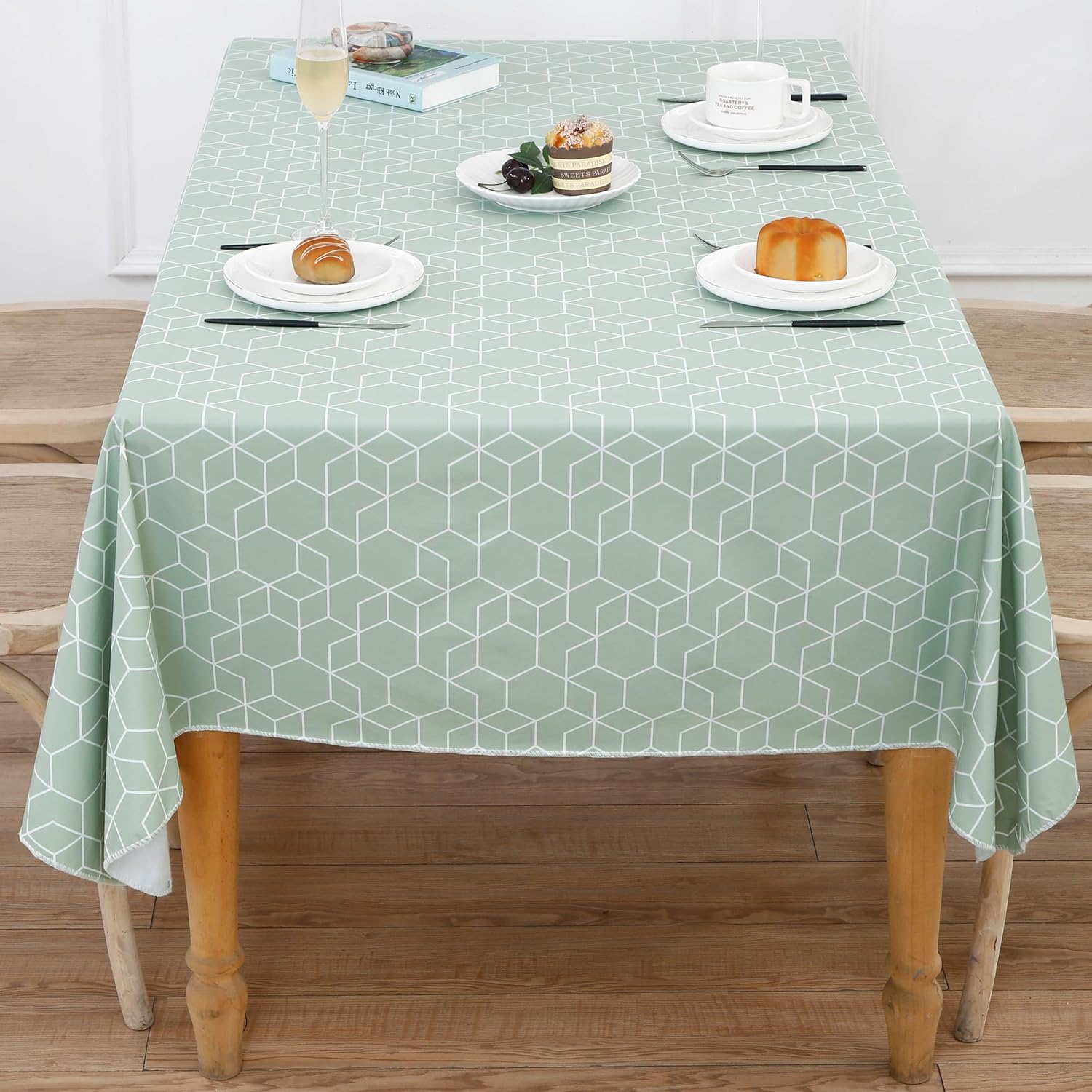 Heavy Duty Vinyl Tablecloth with Flannel Backing Waterproof Oil-Proof Plastic Table Cloth Stain-Resistant Wipeable Rectangle or Square Table Cover for Indoor and Outdoor (Green Grid,60x84 Inch)