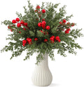 Dapclca 50 Pcs Christmas Artificial Pine Branches with Red Berry Stems, 10.5" Faux Evergreen Norfolk Pine Cypress Leaves Stems- Fake Foliage Pine Needles Picks for DIY Craft Garland Home Décor