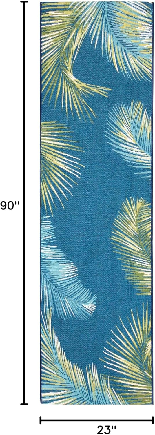 Liora Manne Marina Indoor/Outdoor Power Loomed Synthetic Blend Low Profile Area Rug - Transitional Border Botanical Beach Colorful (Palm Border Navy) (1'11" x 7'6")