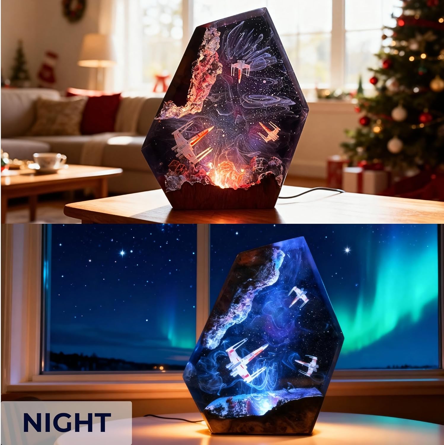 Galaxy Space Resin Lamp – Resin Art Night Light with 16 Color LED, USB Powered Desk Lamp with Wooden Base & Remote,Handmade Gift for Christmas, New Year