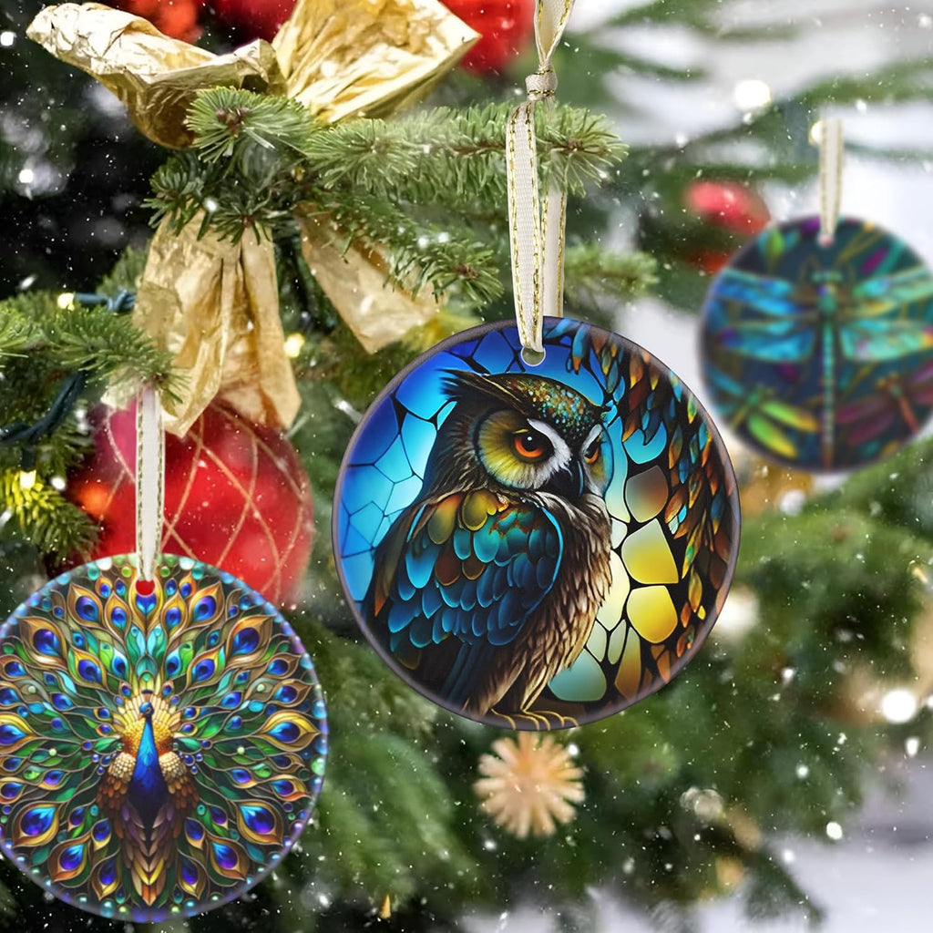 2025 Christmas Ornament - Christmas Tree Decoration, Round Ceramic Holiday Decor - Gift Idea for Friends, Exchange - Owl Theme