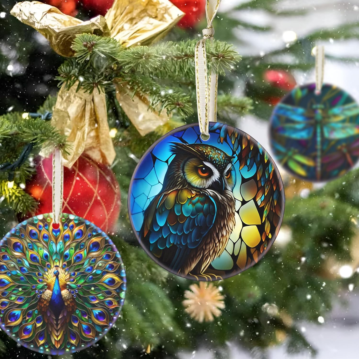 2025 Christmas Ornament - Christmas Tree Decoration, Round Ceramic Holiday Decor - Gift Idea for Friends, Exchange - Owl Theme