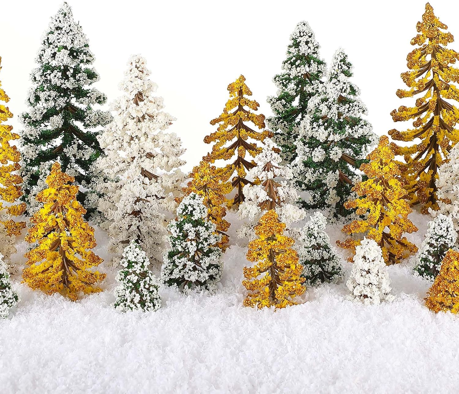 Skylety 35 Pieces Model Trees 1.2-6.3 Inch Mixed Miniature Trees Diorama Supplies Fake Plants Train Scenery Landscape Christmas Village Architecture DIY Crafts(Dark Green, Gold, White,Snowy Cedar)