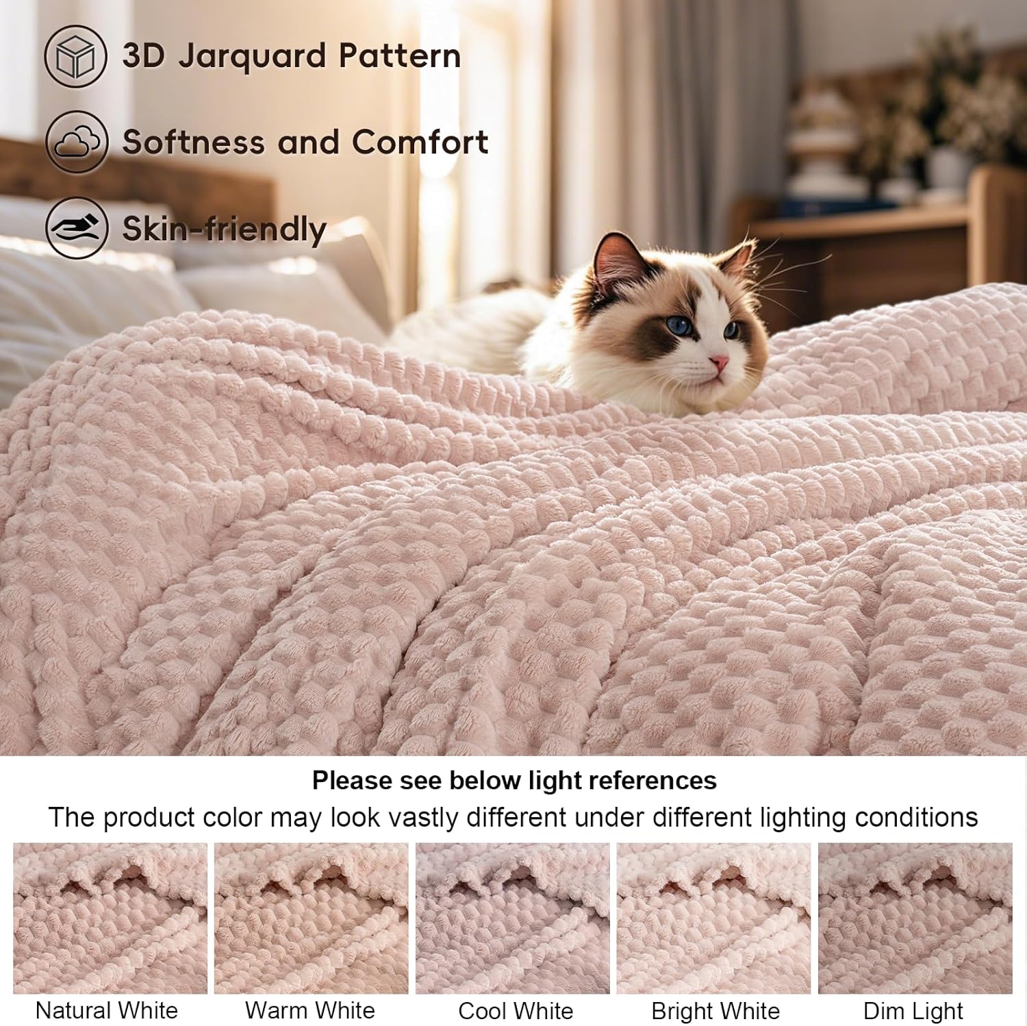 PHF Ultra Soft Flannel Fleece Blanket Queen Size, Lightweight 3D Jacquard Fleece Blanket, No Shedding, No Pilling, Luxury 340GSM Aesthetic Fluffy Cozy for Bed Room Decor, 90"x90", Rose Smoke