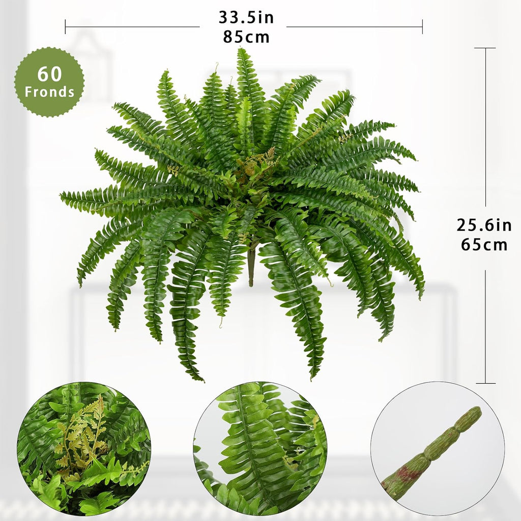 Ferns Artificial Plants 33.5" Dia. Faux Ferns for Outdoor Planter Large Fake Ferns Look Real Artificial Ferns with 60 Fronds Hanging Boston Fern Fake Plant Shrubs for Home Farmhouse Garden Porch Decor