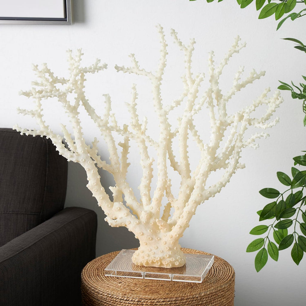 Deco 79 Polystone Coral Decorative Sculpture Home Decor Statue with Clear Acrylic Base, Accent Figurine 26" x 8" x 23", Cream