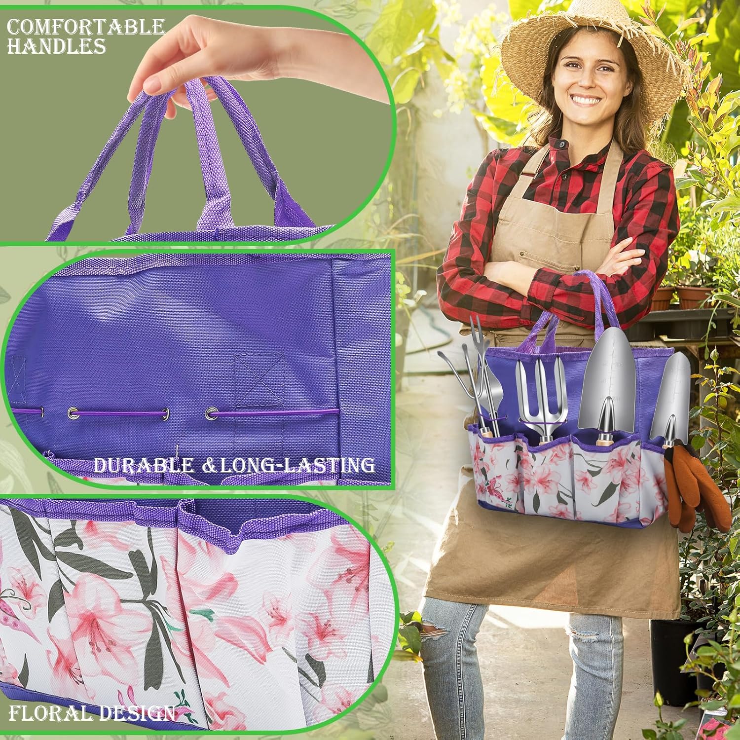 Gardening Tools Set, 11 Piece Garden Hand Tools, Garden Tools Set with Rust-Proof,Fashion and Durable Garden Tools Organizer Handbag Perfect Gardening Gifts for Mothers Day & Outdoor (Purple)
