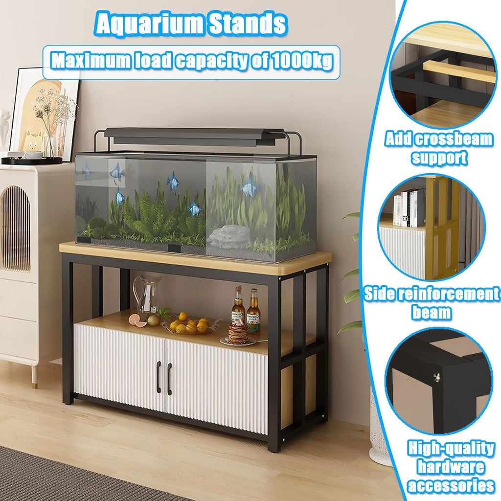 5-75Gallon Aquarium Stands,3 Tier Metal Frame Fish Tank Stand with Cabinet Storage,Reptile Tank Stand for Home Living Room Bedroom Office,2200LBS Capacity (Black+Light Mahogany, L31.5″*W15.7″*H23.6″)