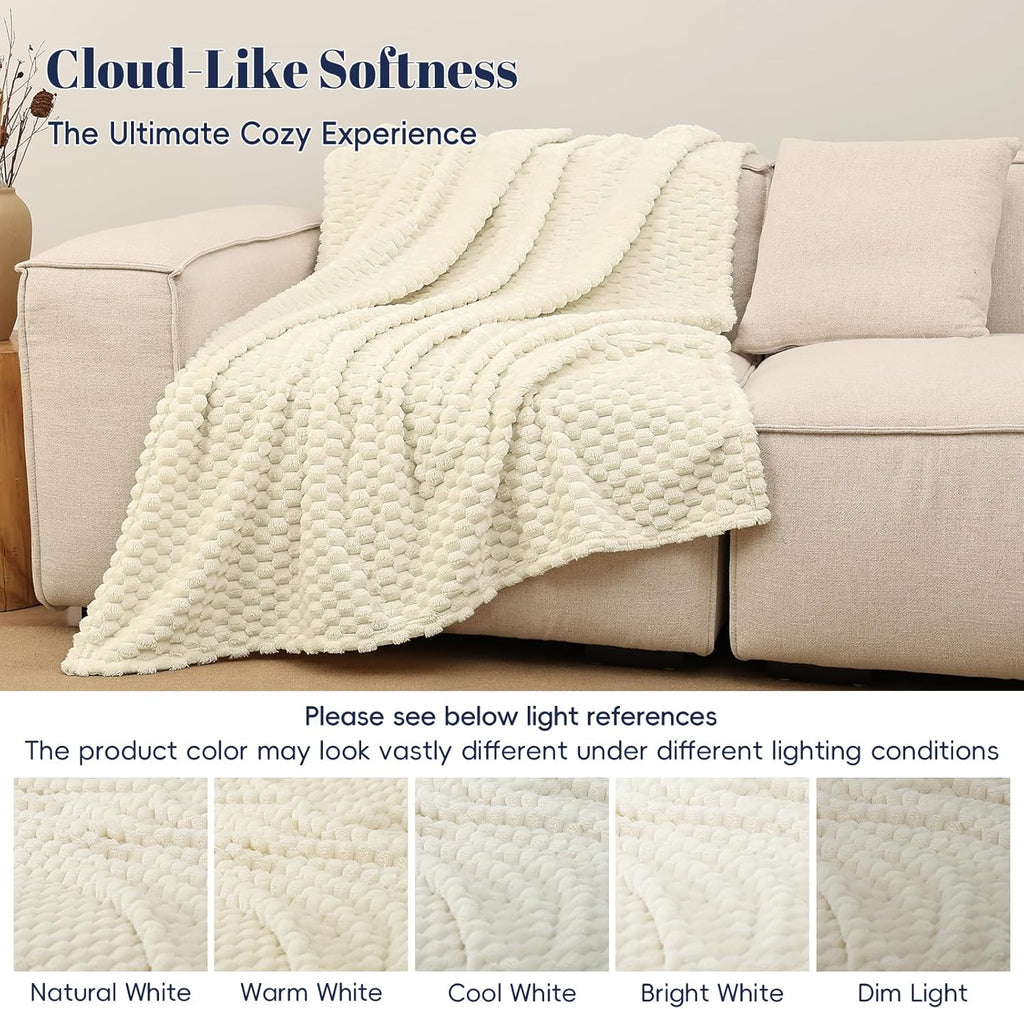 PHF Ultra Soft Flannel Fleece Throw Blanket, Lightweight 3D Jacquard Fleece Blanket, No Shedding, No Pilling, Luxury 340GSM Aesthetic Fluffy Cozy Throws for Couch Room Decor, 50"x60", Cream