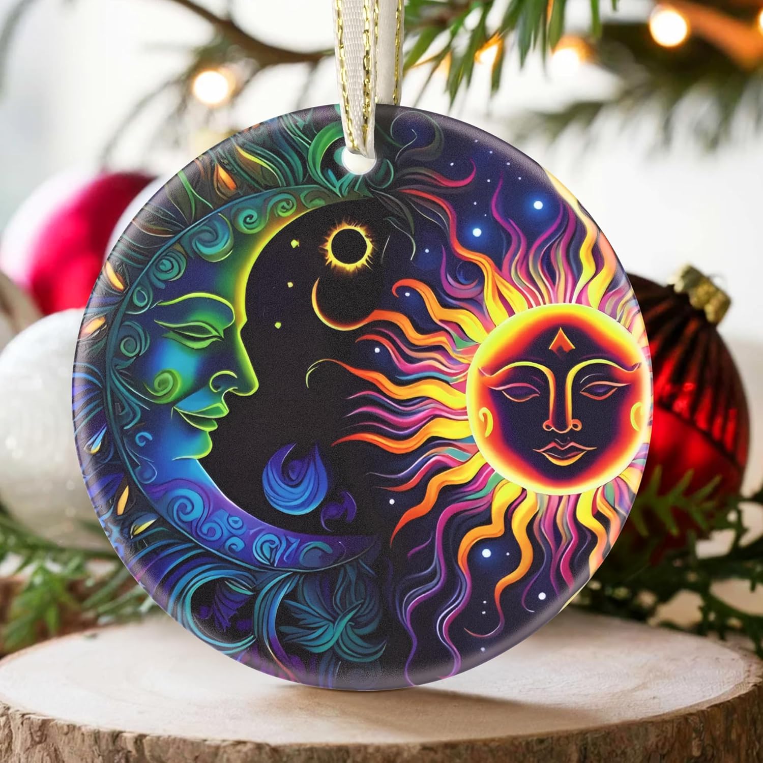 2025 Sun and Moon Christmas Ornament - Round Ceramic Tree Decoration, Holiday Decor, Gift Idea for Friends, Christmas Exchange