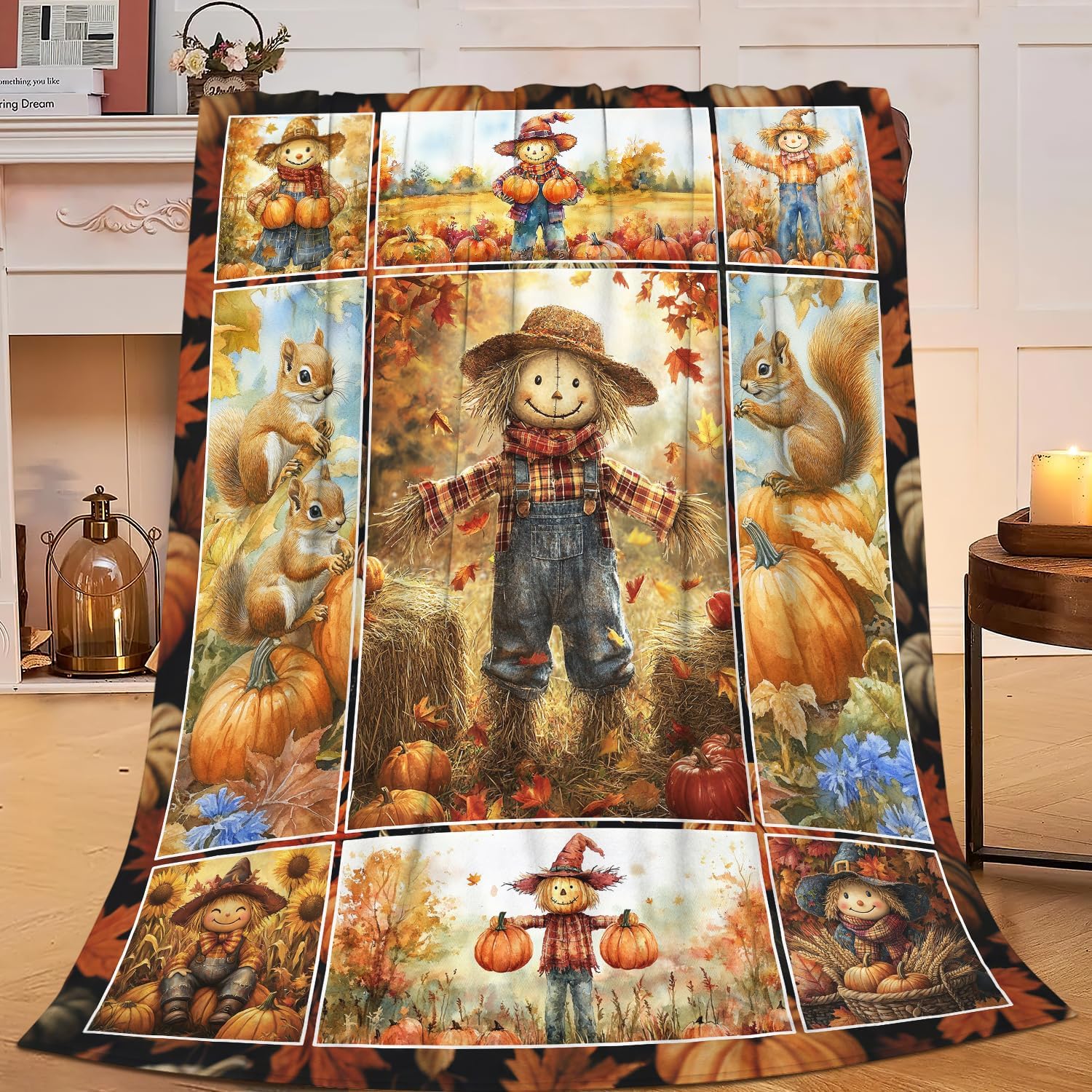 Fall Scarecrow Blanket Autumn Pumpkin Throw Blanket Squirrel Thanksgiving Flannel Stuff Merch Cozy Decor Fleece Soft Plush Fuzzy Warm Lightweight Bedding Gifts for Women Men Couch Soft 50"X40"