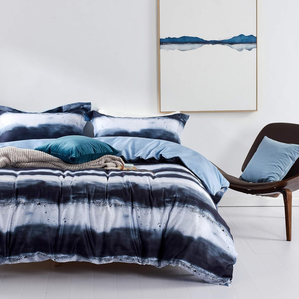 MILDLY 100% Long-Staple Cotton Duvet Cover Set Navy & White Striped Watercolor Pattern Printed Comforter Cover 2pcs, Ultra Soft & Breathable Bedding Set