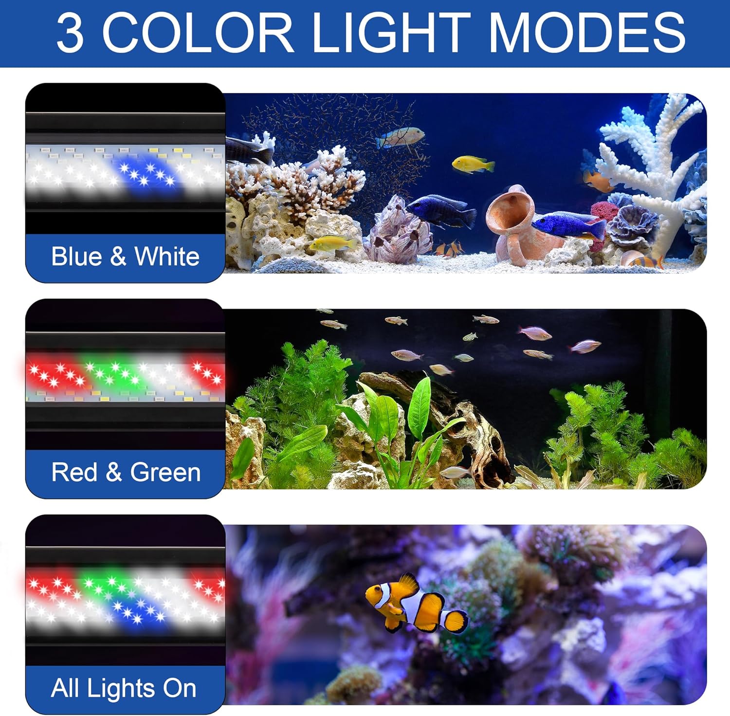 Led Aquarium Light, Full Spectrum Fish Tank Lights, 55/75 Gallon Freshwater Fishtank Hood Lighting for Grow Fish, Plants, Adjustable from 48 to 54 Inch
