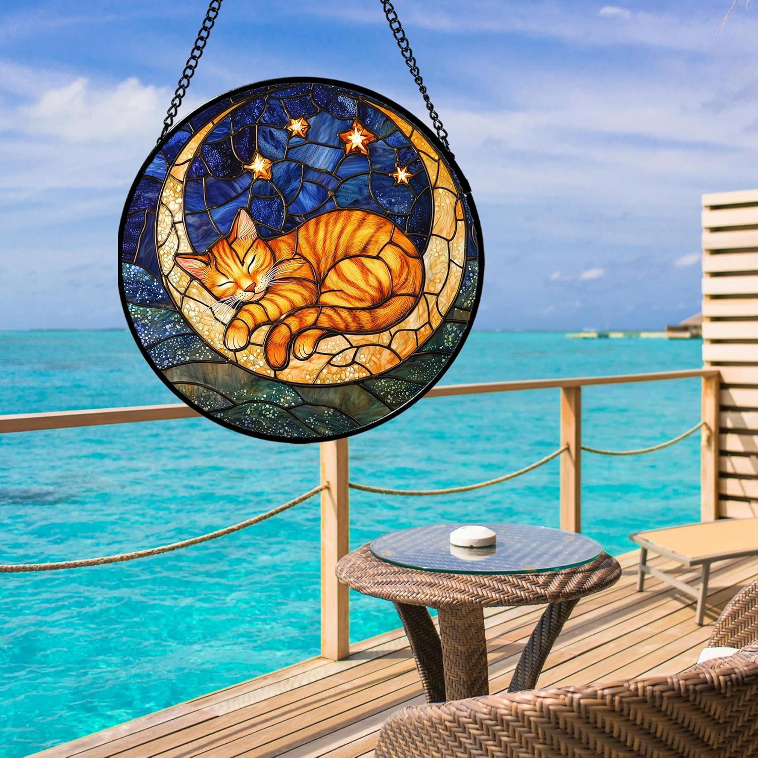 Stained Glass Window Hanging - Orange Moon Sleeping Cat Sun Catcher for Door Home Decor Blue Starry Sky Suncatcher Christmas Mother's Day Birthday Gifts for Women Men Mom Nana 11.8 in