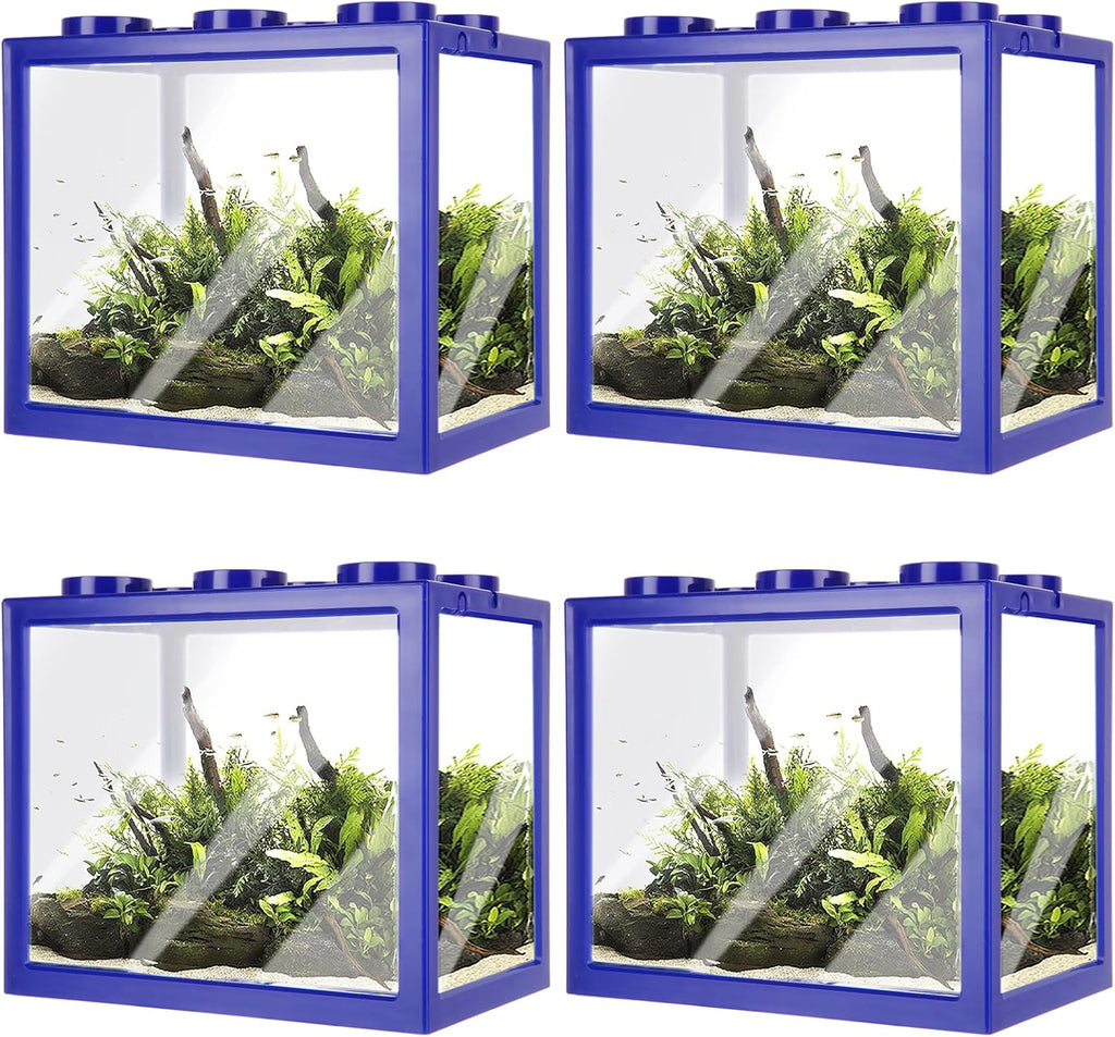 4PCS Plastic Small Betta Fish Tank, 0.6 Gallon Stackable Fish Bowl, Cube Fish Aquarium Tank for Shrimp, Turtle, Small Crab (Blue)