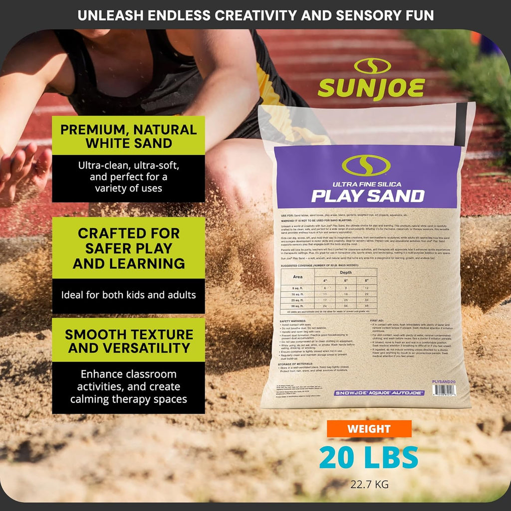 Sun Joe Silica Play Sand for Sandbox, Sensory Table & Garden Spaces, Ultra Fine, 20 Lb Bag - Indoor and Outdoor Natural Craft Accessory for Molding, Digging, Sculpting and Gardening, PLYSAND20