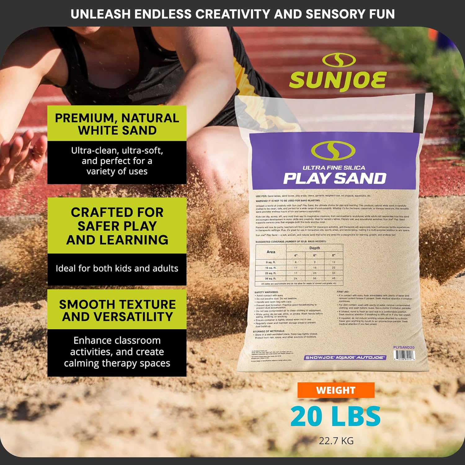 Sun Joe Silica Play Sand for Sandbox, Sensory Table & Garden Spaces, Ultra Fine, 20 Lb Bag - Indoor and Outdoor Natural Craft Accessory for Molding, Digging, Sculpting and Gardening, PLYSAND20