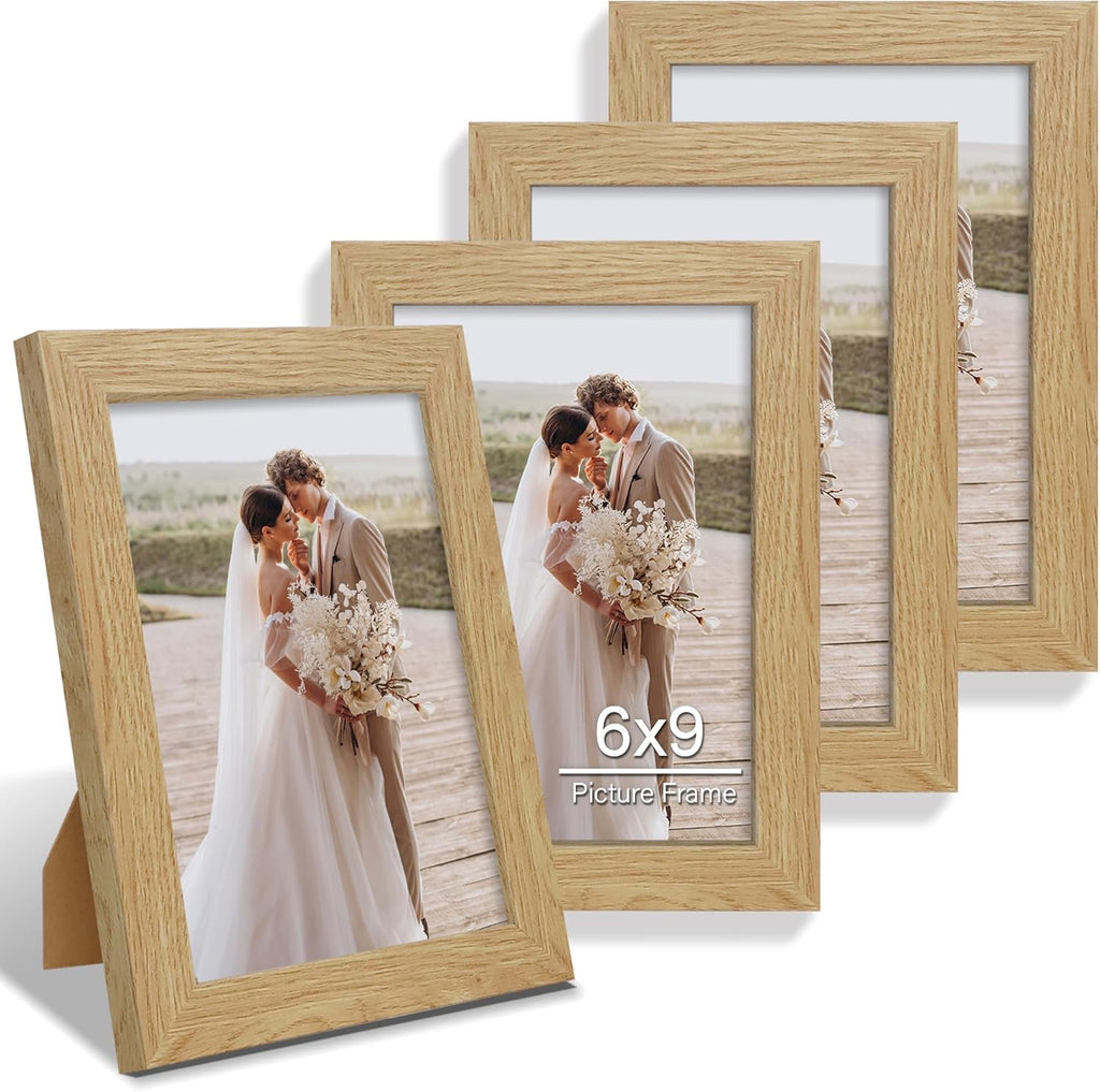 6x9 Picture Frame Set of 4, Made of Real Glass and Natural Oak Wooden Frame - 6 by 9 Photo for Wall or Tabletop Display