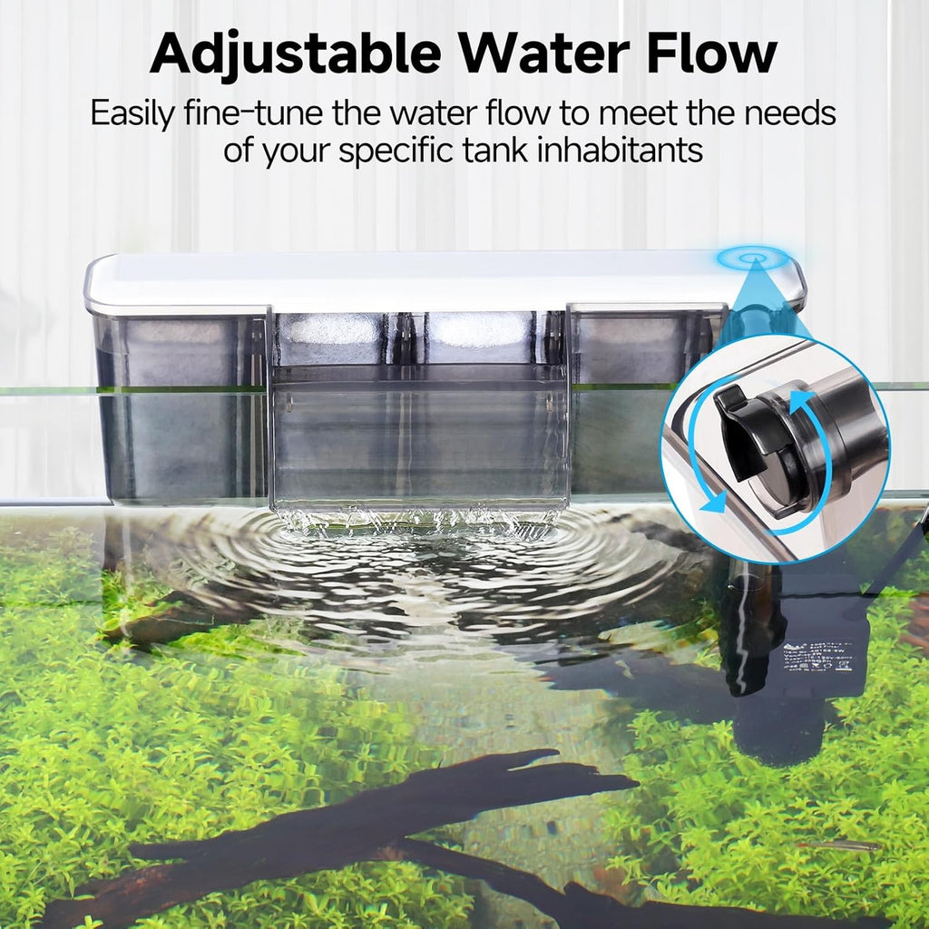 AQQA Quiet 30-50 Gallon Fish Tank Filters - Auto Start Hang on Back Aquarium Filter, Adjustable Flow, Deodorization Decontamination Filter System AQ168 (8W 200GPH)