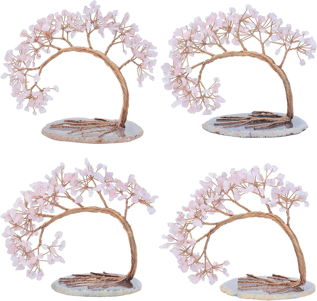 mookaitedecor Natural Rose Quartz Crystal Money Tree Agate Slice Base Feng Shui Bonsai Crystal Tree for Wealth Luck Desk Decor, 4.5-5.2 Inch High