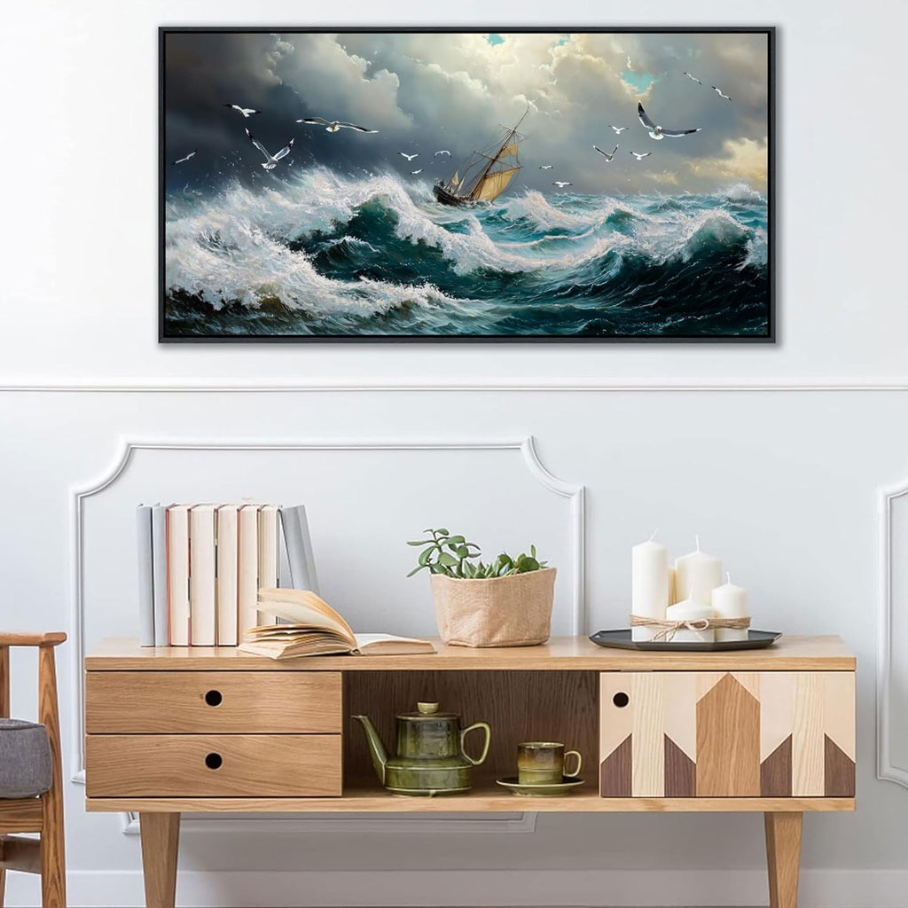 YDYSUNE Ocean Wall Art - Retro White Canvas painting Sailboat Wall Decor Textured Picture Artwork Nautical Adventurer Painting Coastal Art Framed for Living Room Bedroom Home 24x48inch
