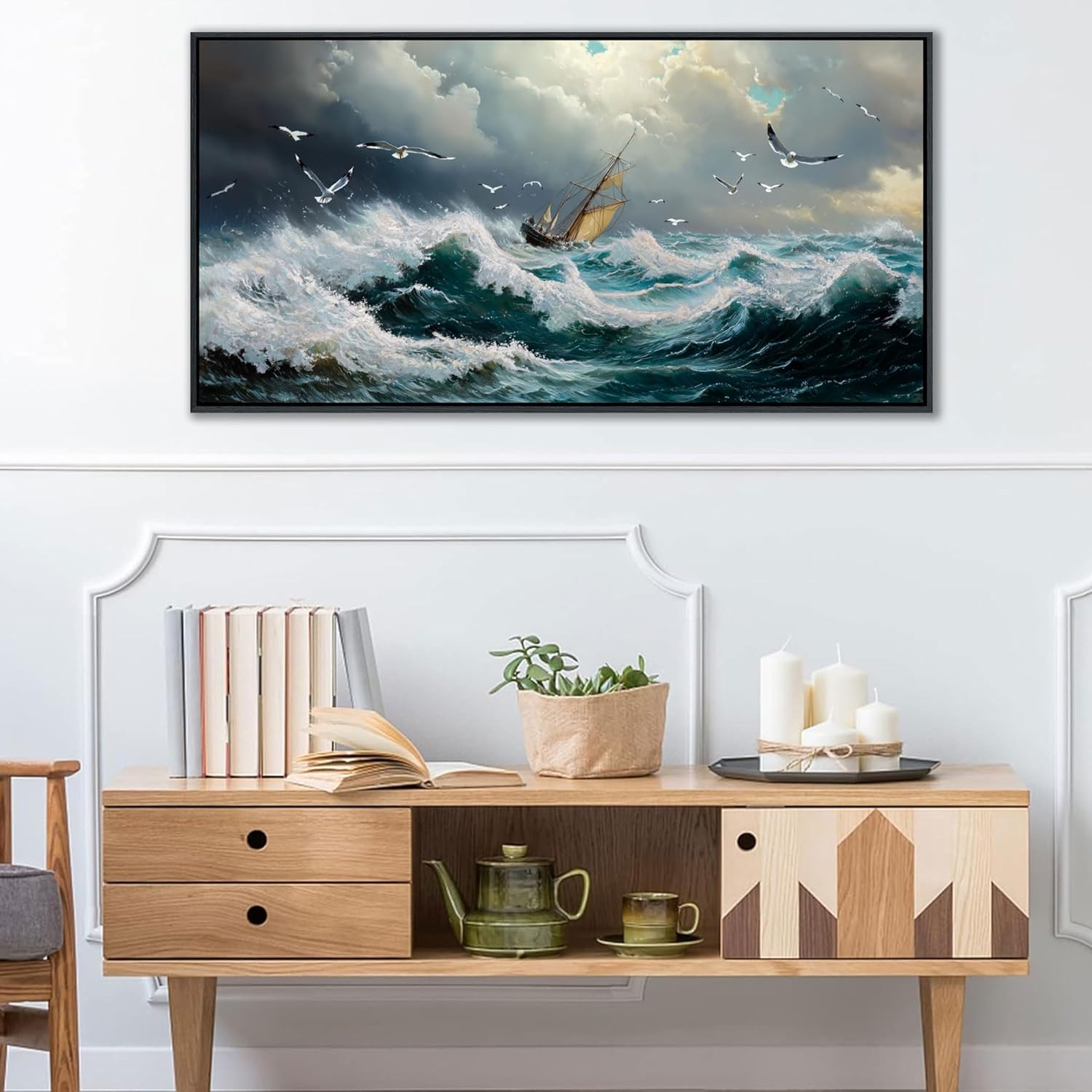 YDYSUNE Ocean Wall Art - Retro White Canvas painting Sailboat Wall Decor Textured Picture Artwork Nautical Adventurer Painting Coastal Art Framed for Living Room Bedroom Home 24x48inch
