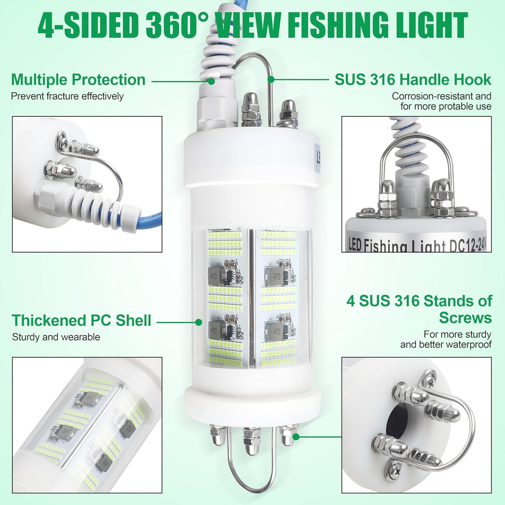 Underwater Fishing Light Super Bright 80000 Lumens 160W Green LED Submersible Fish Bait 110V & 12/24V with Transformer 20FT Wire Night Green Fishing Light for Boats Docks Kayaks