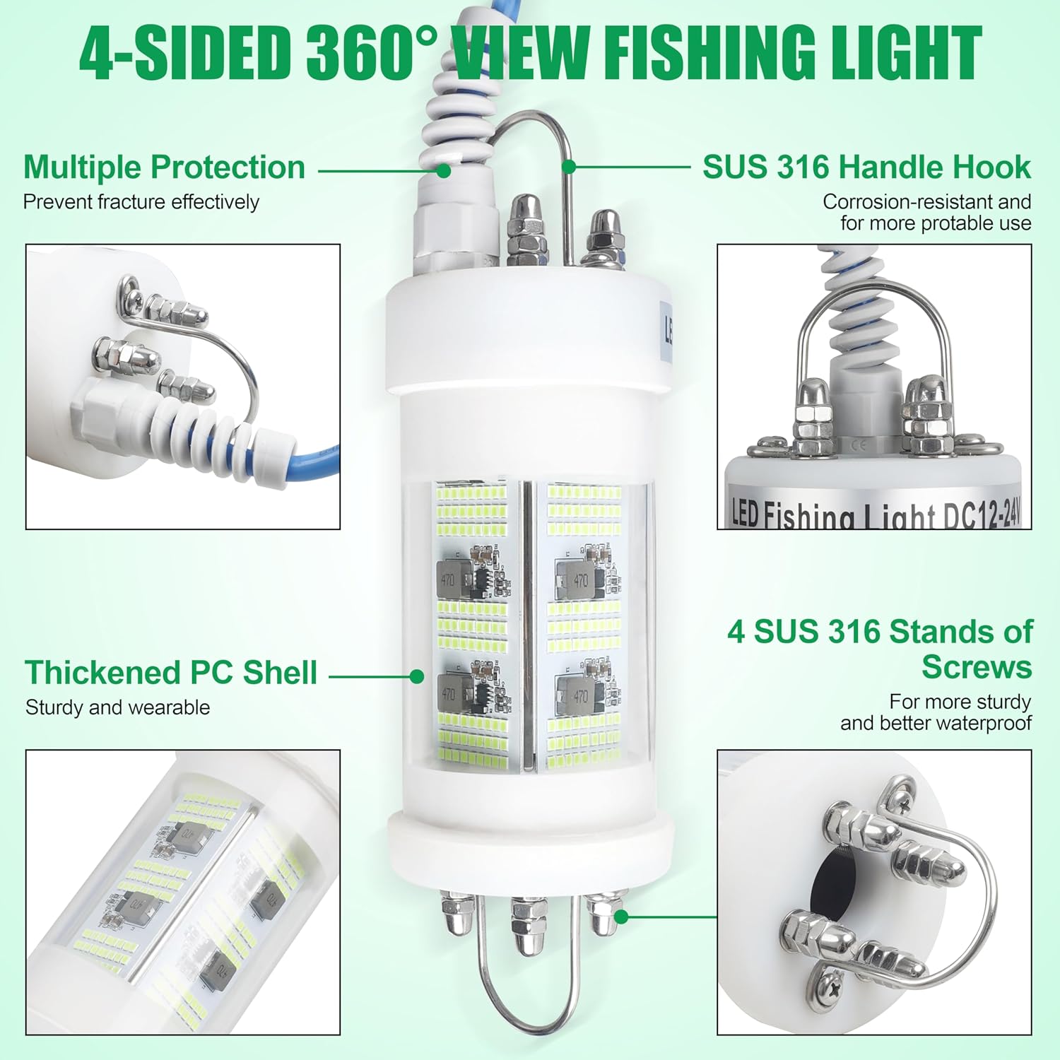 Underwater Fishing Light Super Bright 80000 Lumens 160W Green LED Submersible Fish Bait 110V & 12/24V with Transformer 20FT Wire Night Green Fishing Light for Boats Docks Kayaks