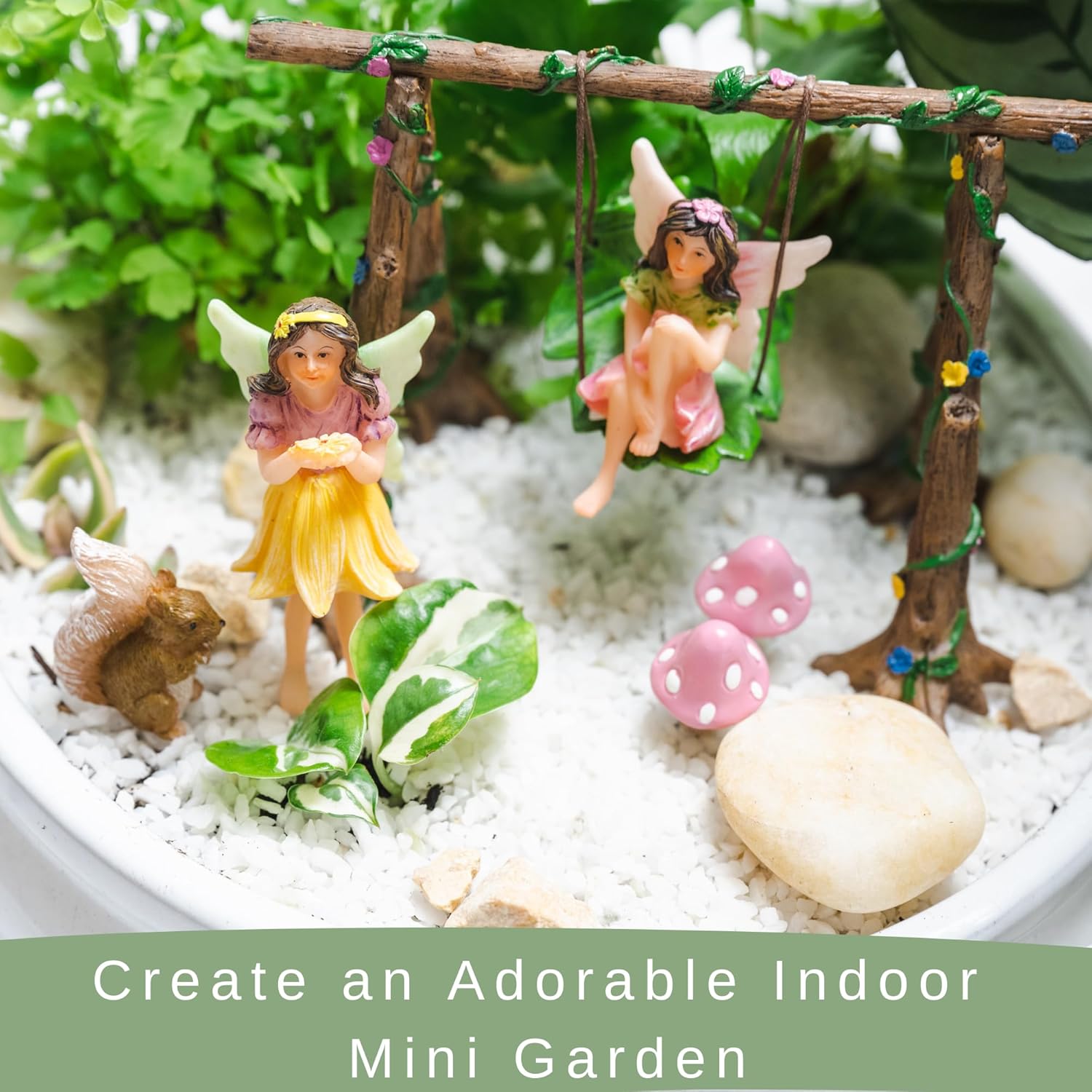 PRETMANNS Fairy Garden Accessories Starter Kit with Figurines, Swing Set, Squirrel & 2 Mushrooms – Ideal for Indoor Outdoor Miniature Garden – 6 Hand-Painted Resin Items
