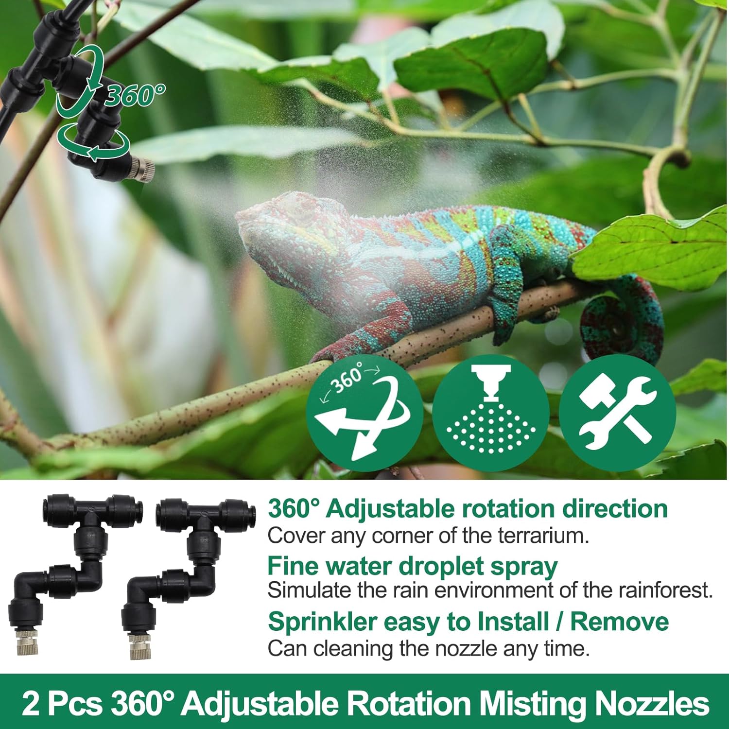 Reptile Humidifiers Smart Misting System for Herps Terrariums, Reptile Mister Automatic with Timer, 360° Adjustable Misting Nozzles for Chameleons, Snake, Frog, Turtle, Lizard